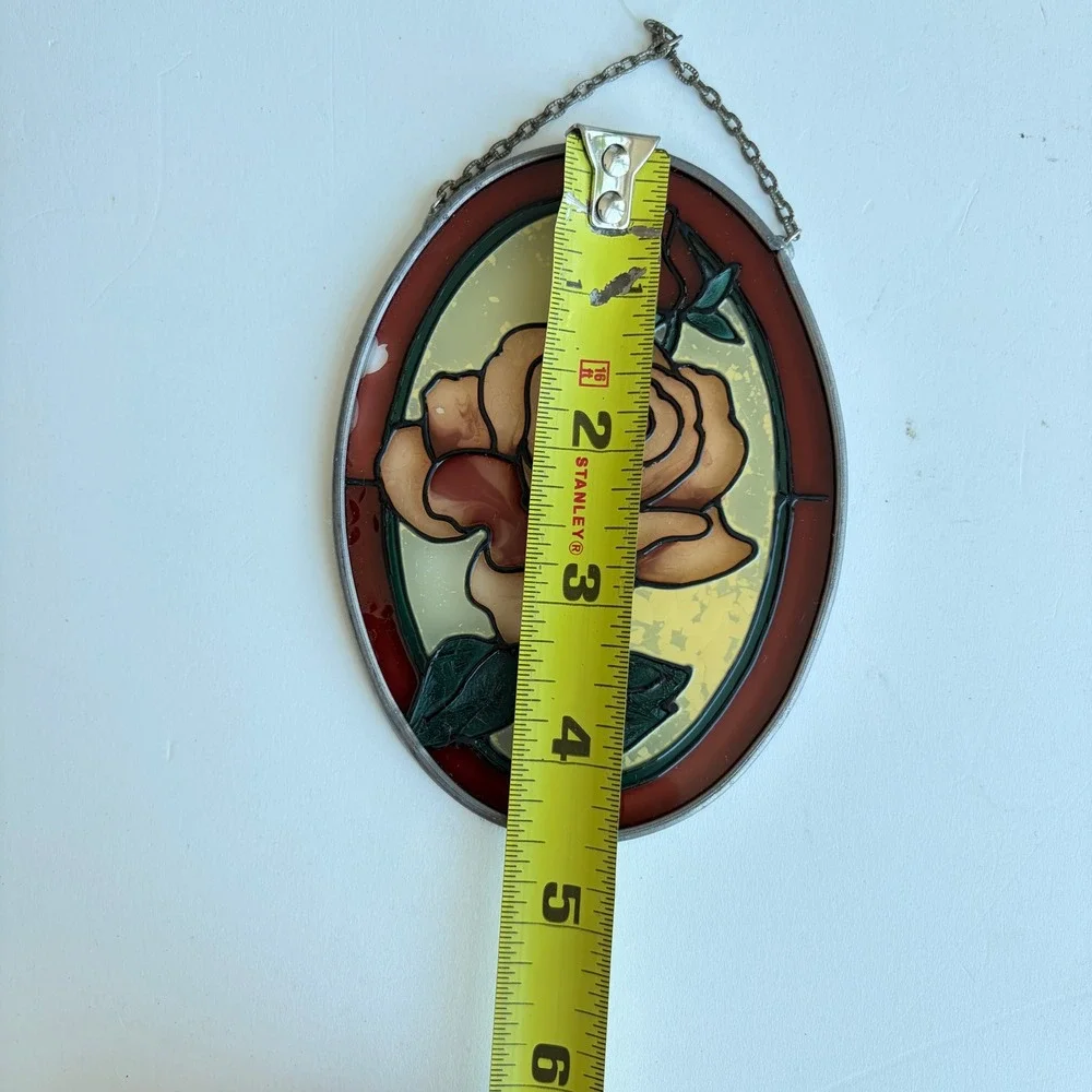 Vintage 1987 JBD Oval Rose Stained Glass Suncatcher Amber Burgundy Floral Art